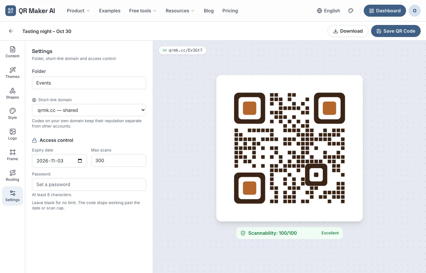 Code settings with folder, short-link domain, expiry date, maximum scans and password fields