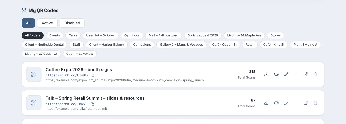 List of saved QR codes with the short link of one code highlighted