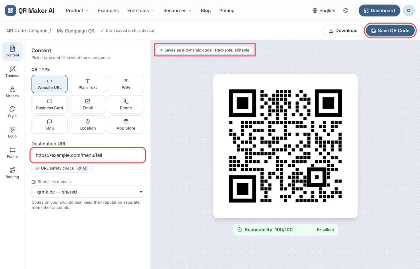 QR code designer with a destination URL entered and the "Saves as a dynamic code" label highlighted