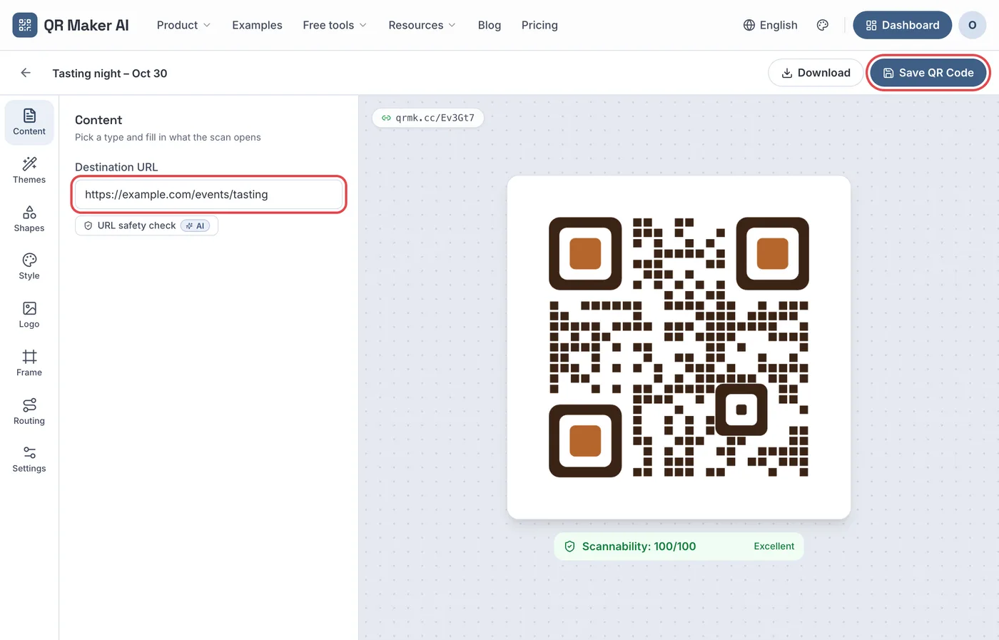 Editing the destination URL of a saved QR code, with the Save button highlighted